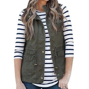 Qearal Zip-Up Drawstring Anorak Jacket Military Vest Outerwear w/ Pockets